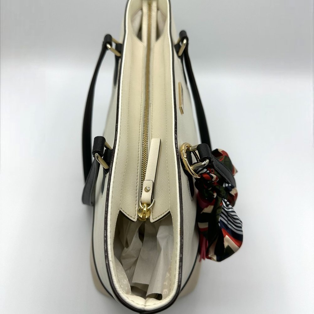 EUC Kate Spade Beige/Ivory/Black Colorblock Zip-Top Leather Tote + Bag Charm - Picture 14 of 16
